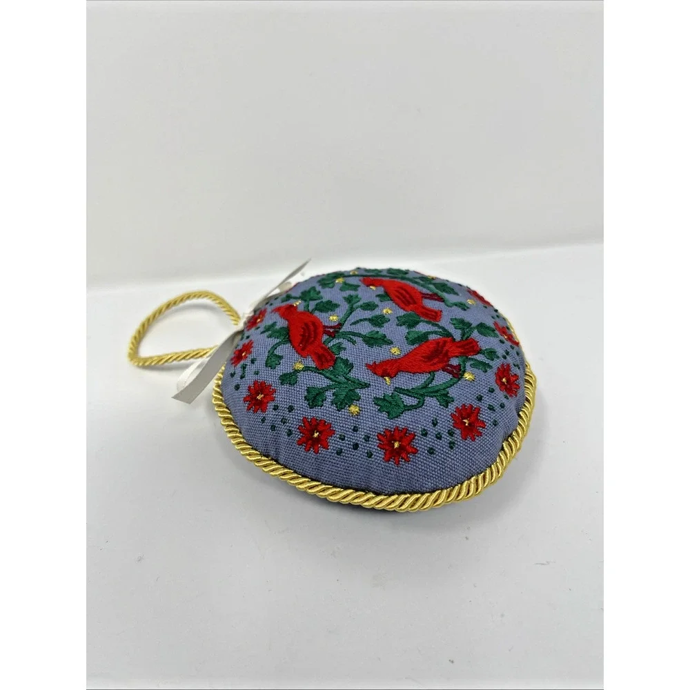 Christmastide Embroidered Cardinal Ornament Intricate Detail Gold Thread Hanger